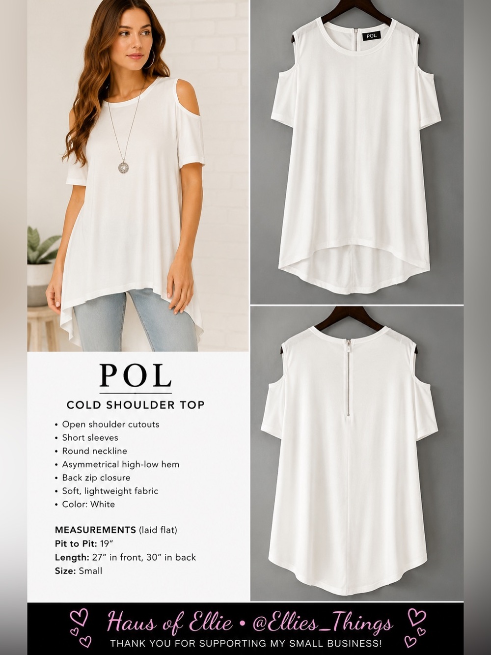 POL White Cold Shoulder High Low Tunic Top Small
